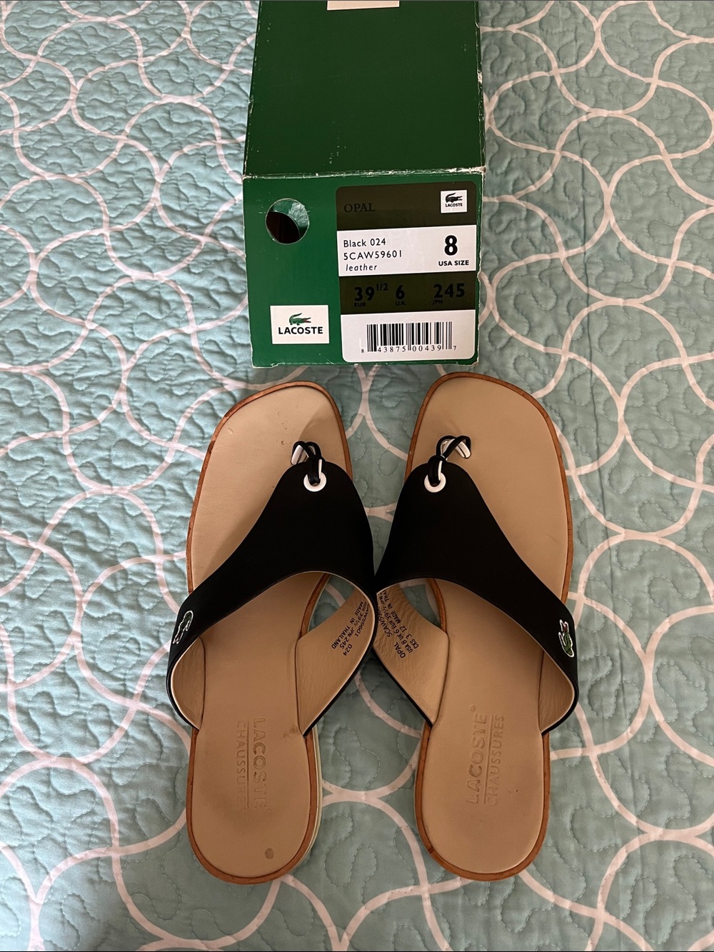 Lacoste Black and Tan Leather Thong Sandals